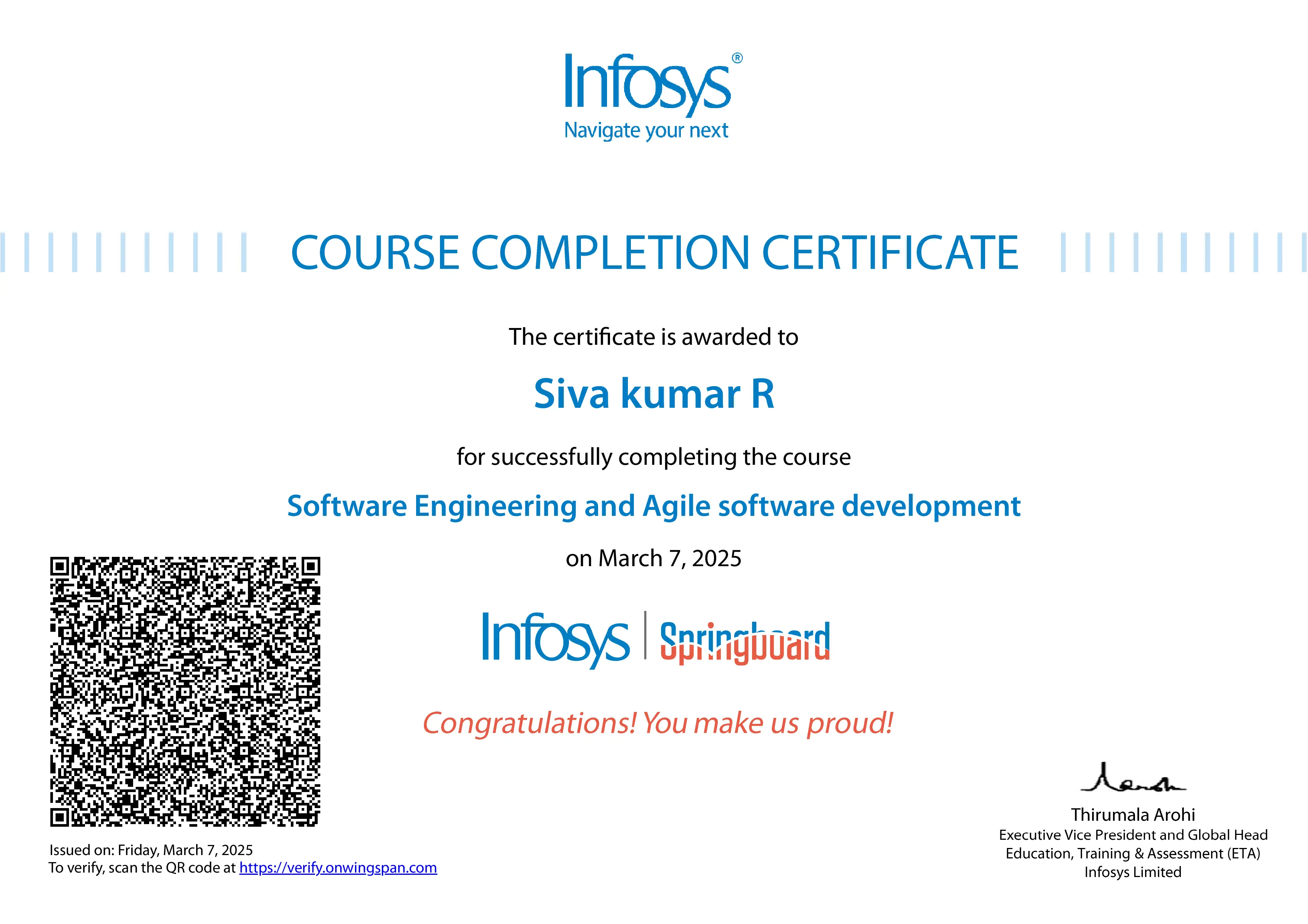 Siva Kumar R Software Engineering Agile Certification